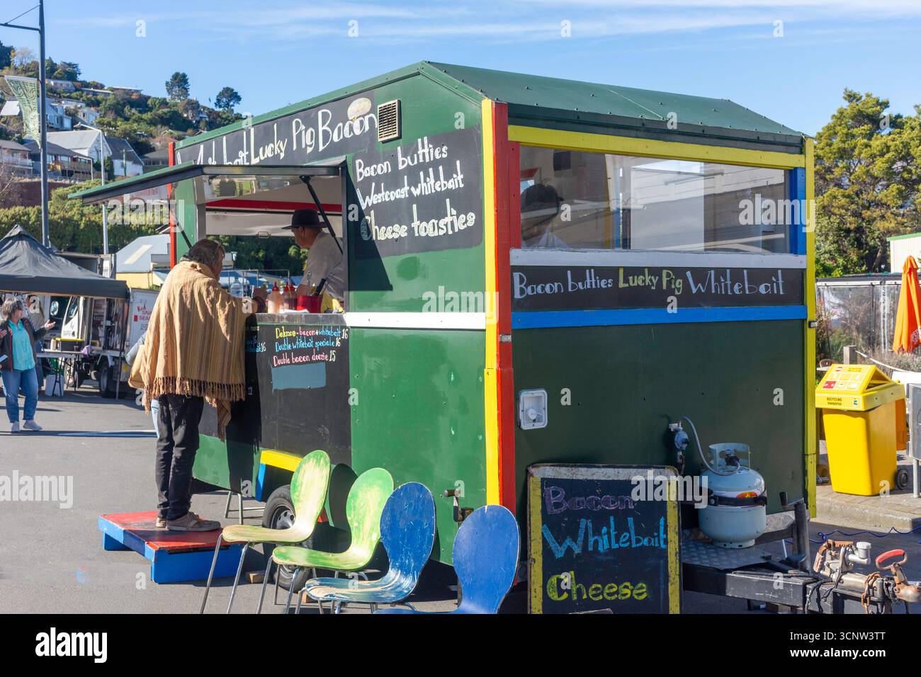 Chiosco fast food, Lyttelton Farmer's Market, London Street, Lyttelton, Lyttelton Harbour, penisola di Banks, regione di Canterbury, nuova Zelanda Foto Stock