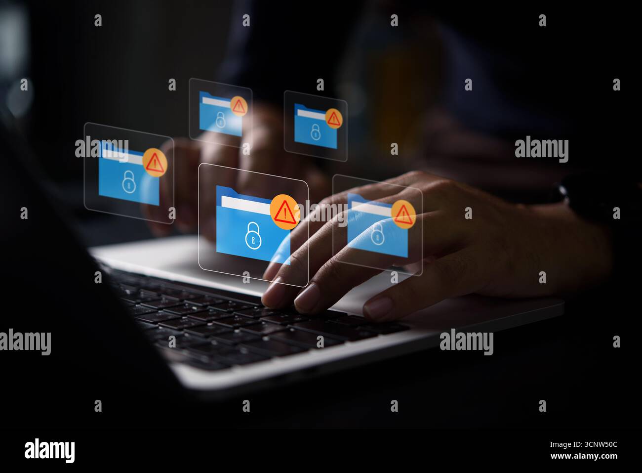 Avviso di sicurezza informatica sulle cartelle dati con icone di blocco e segnali di avviso rossi. Rappresenta un errore di crittografia, un attacco ransomware, una violazione del sistema e. Foto Stock