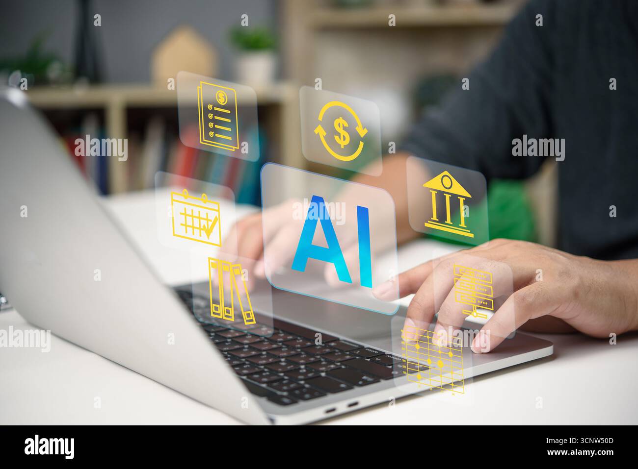 Sistema DI INTELLIGENZA ARTIFICIALE con icone finanziarie sull'interfaccia digitale. Automazione bancaria, strategia dei dati, innovazione fintech e soluzioni aziendali intelligenti per il cloud Foto Stock