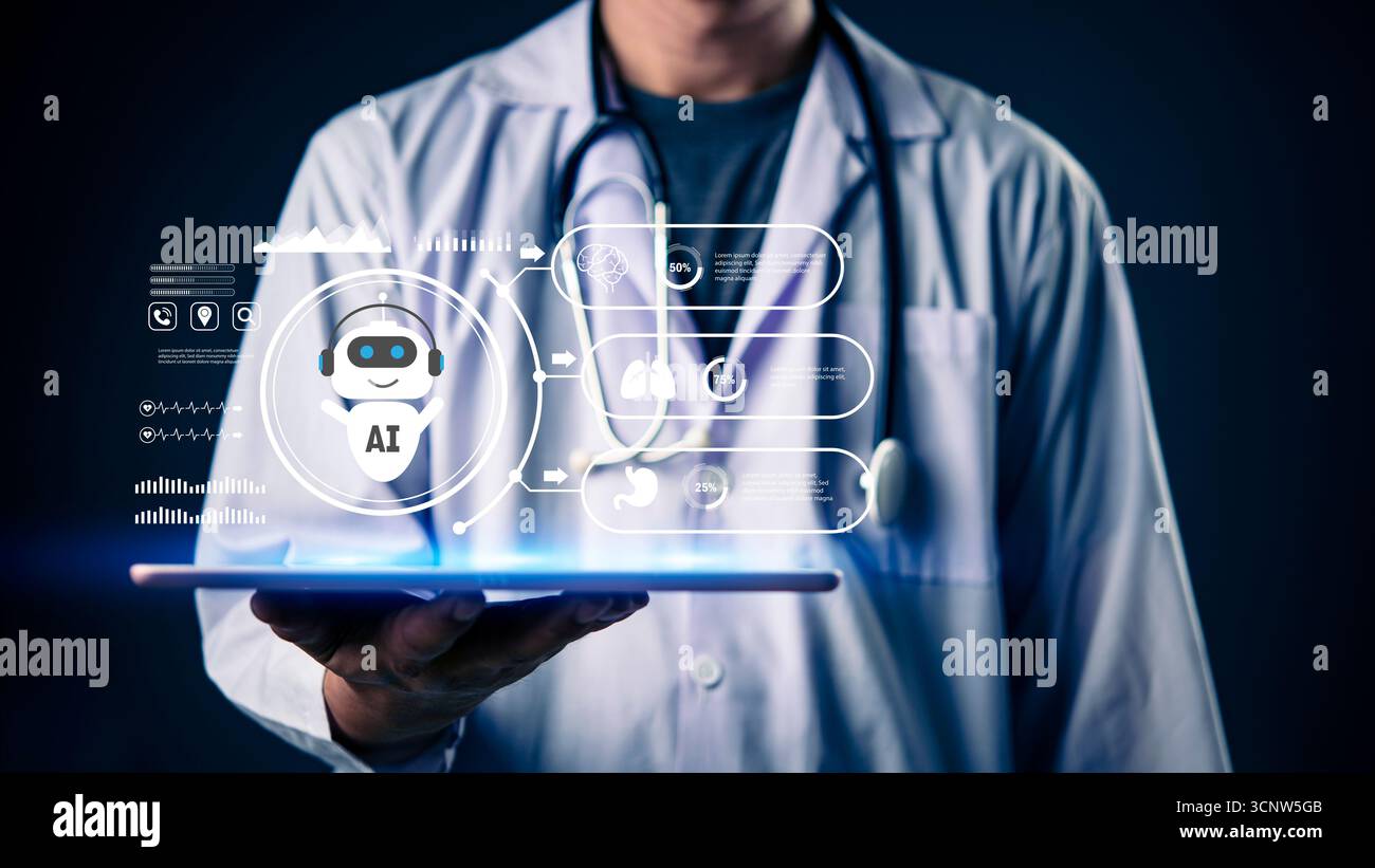 Il professionista medico in camice bianco presenta soluzioni innovative per l'assistenza sanitaria di intelligenza artificiale su tablet, interfaccia futuristica con informazioni sui dati di cervello, polmoni e DNA Foto Stock