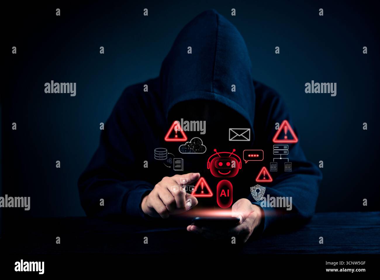 Concetto di cibersicurezza, hacker che accede ai dati personali, sicurezza della rete, protezione dei dati, criminalità digitale, dark web, privacy su internet, attacco informatico, arte Foto Stock