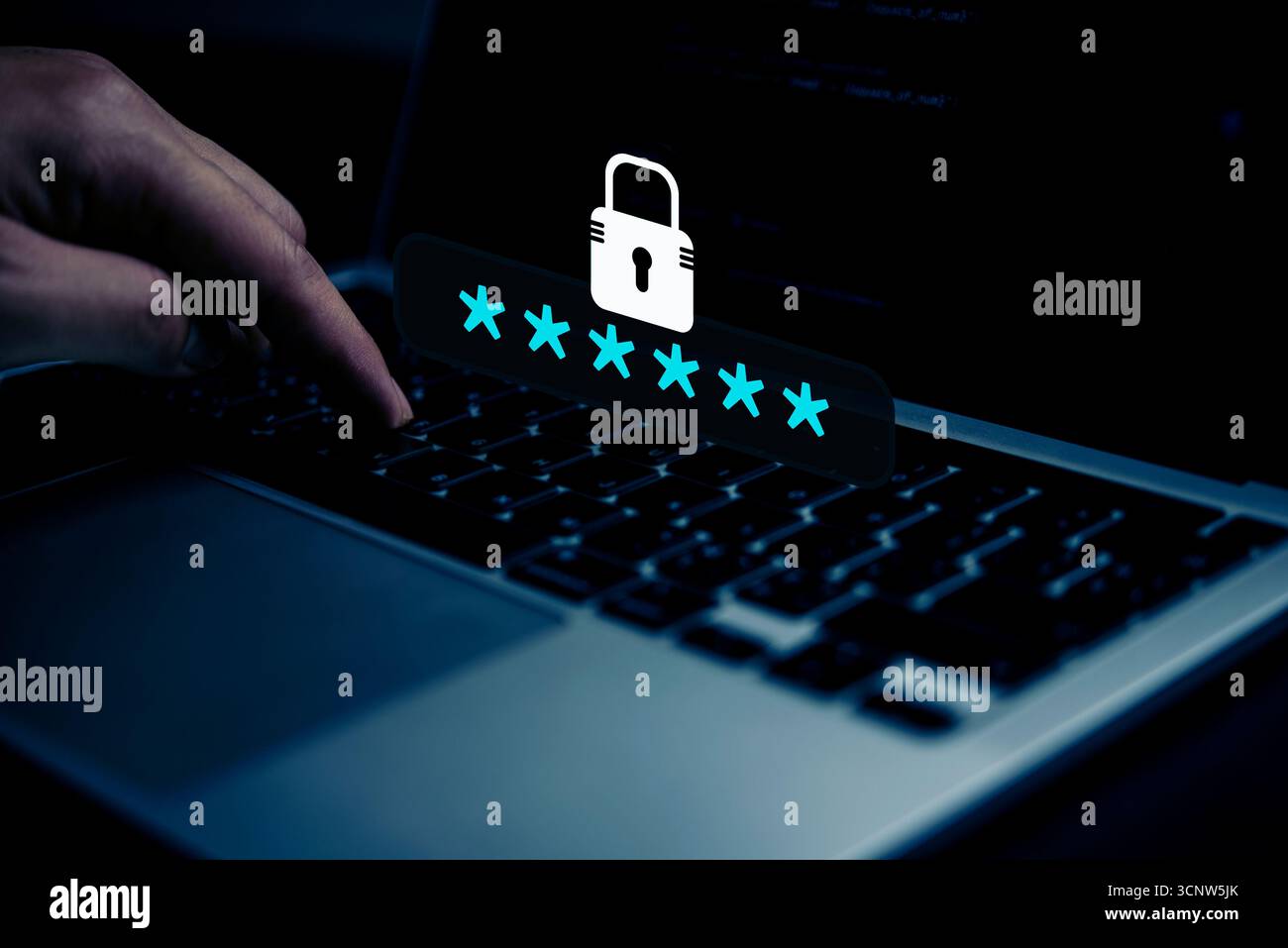 Primo piano di autenticazione utente di una mano che digita una password nascosta su un laptop, evidenziando sicurezza digitale, protezione della privacy, dati sicuri e passw Foto Stock