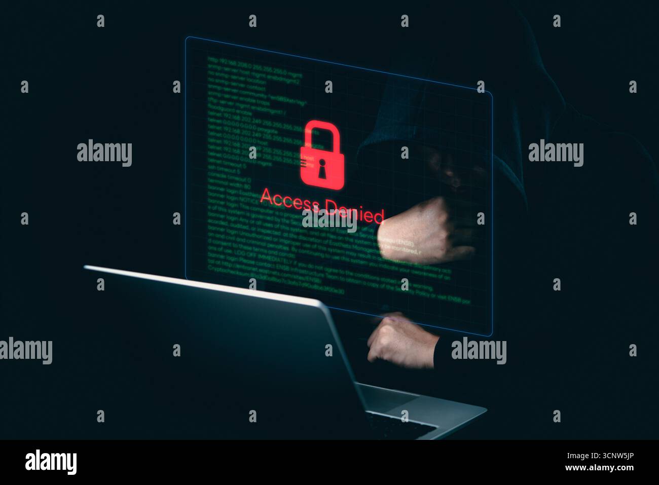 rischi per la sicurezza informatica, protezione antivirus, attacchi informatici e protezione dei dati sensibili. Violazione della protezione, accesso bloccato negato. Spia rossa di blocco sul secondo livello Foto Stock