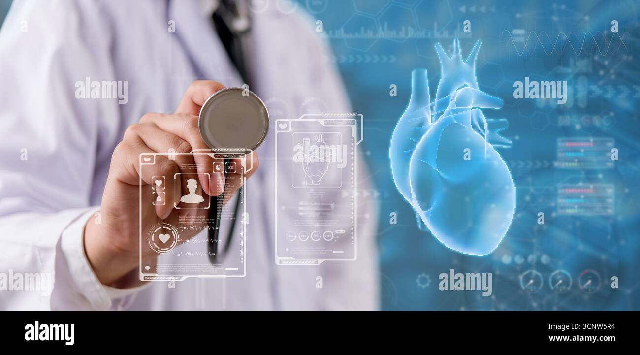 Medico che utilizza lo stetoscopio con dati di intelligenza artificiale del cuore, concetto medico innovativo con tecnologia di diagnosi intelligente aumentata.telemedicina Foto Stock
