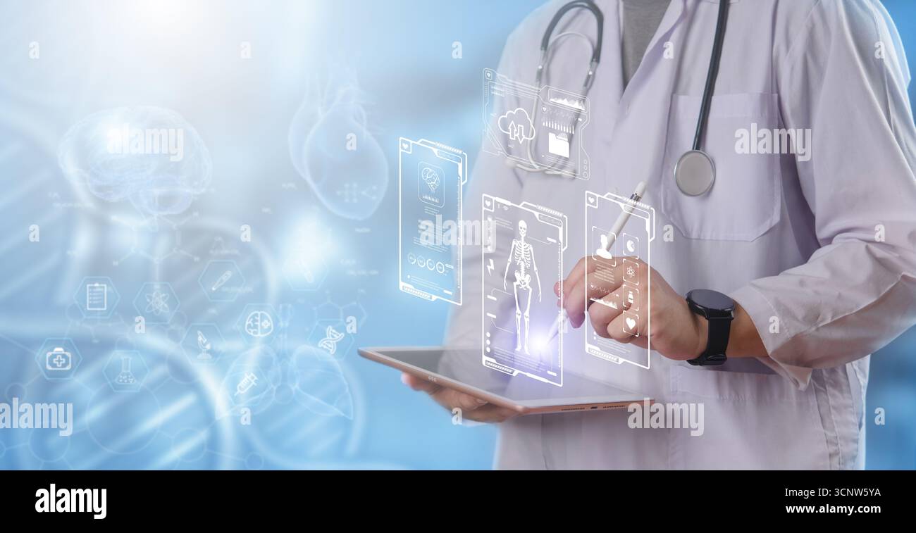 Concepire una tecnologia sanitaria innovativa, l'intelligenza artificiale e la diagnostica digitale dei dati medici per ospedali intelligenti. tecnologia scansioni olografiche del cervello, sistema scheletrico Foto Stock