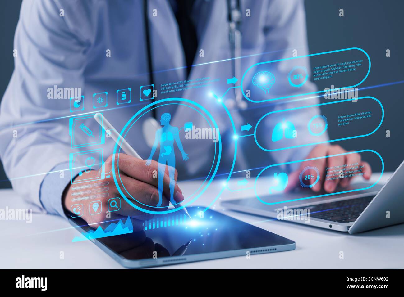 medico che utilizza la tecnologia telemedicina assistenza sanitaria su tablet analisi dati sanitari. Tecnologia digitale innovativa di diagnostica medica e intelligenza artificiale. smart hospit Foto Stock