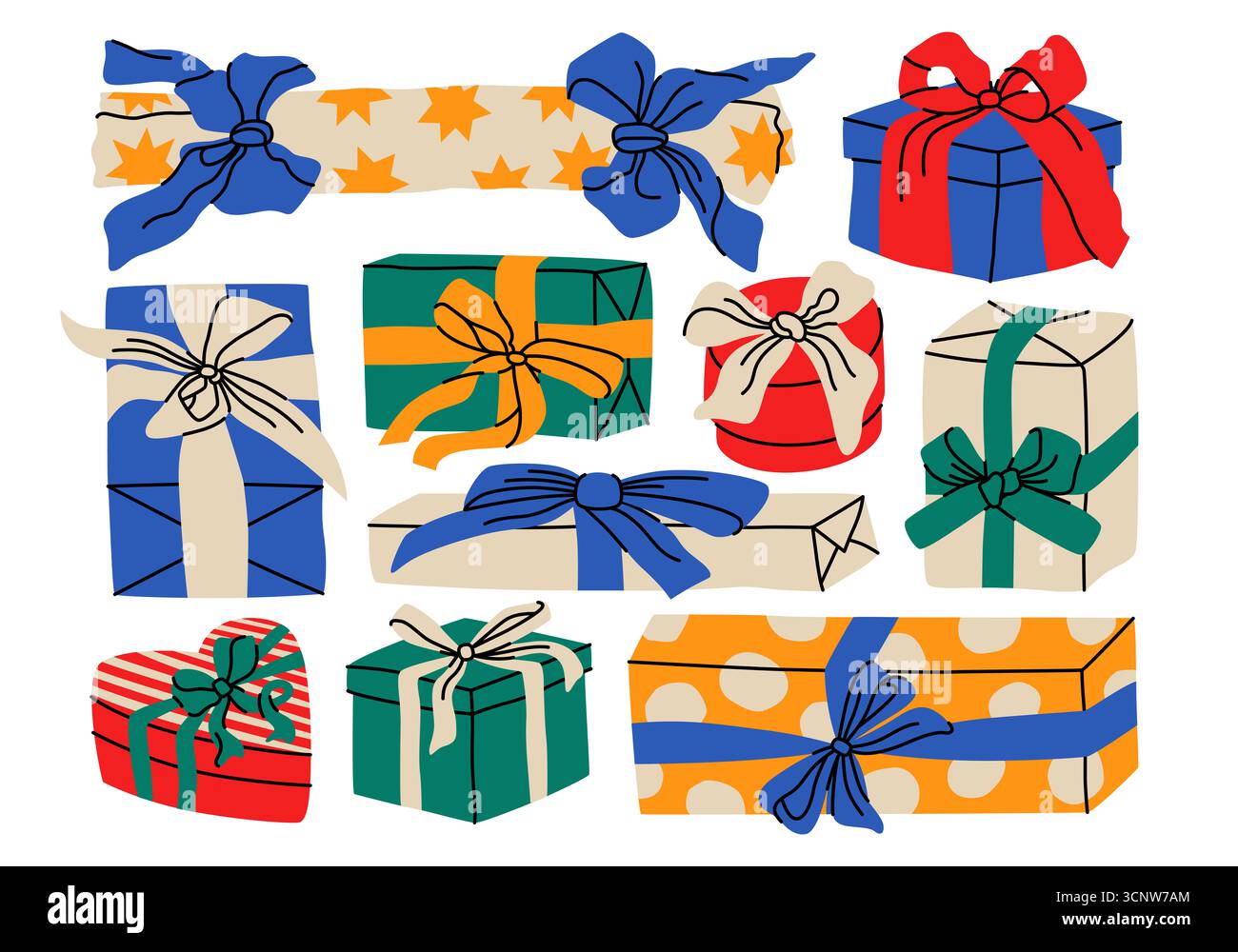 Confezione regalo di Natale, confezione regalo confezionata con set di nastri. Decorazione per feste, regalo, cartolina, festa di Capodanno, compleanno, concetto di invito. Foto Stock
