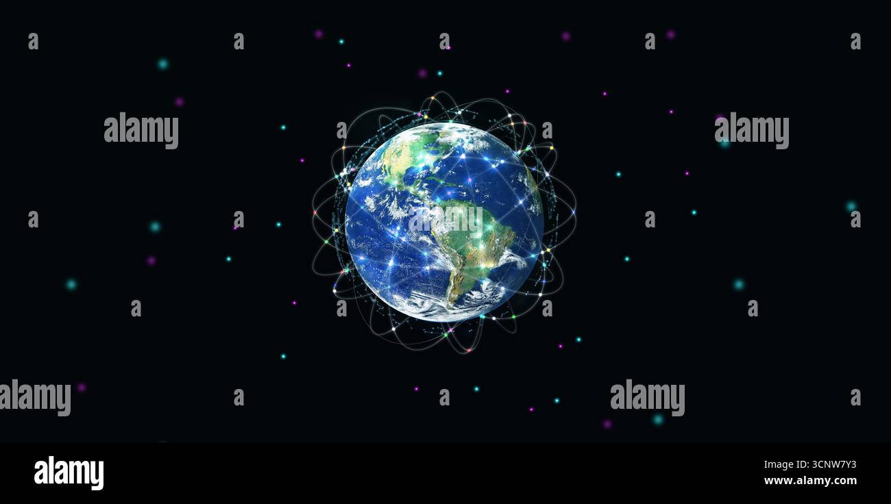 Pianeta Terra circondato da futuristiche linee di comunicazione globali, che rappresentano la tecnologia Internet, il business mondiale, l'innovazione, il trasferimento di dati, sab Foto Stock