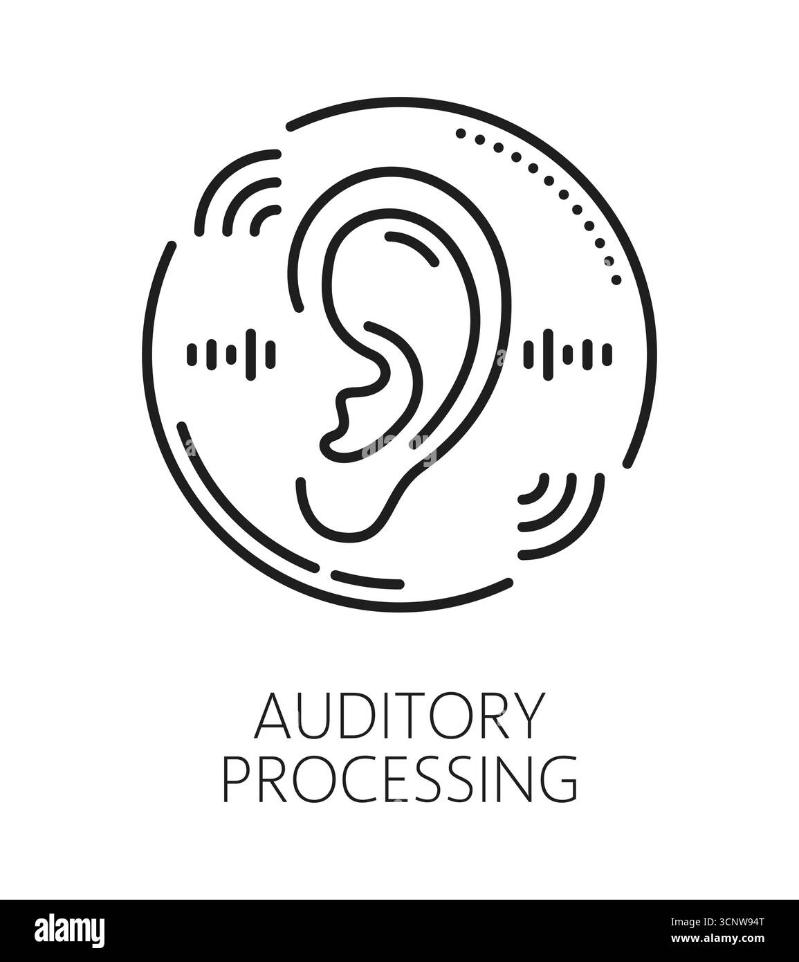 Icona o segno della linea di capacità cognitiva di elaborazione uditiva. Icona del vettore di capacità mentale, simbolo della terapia di capacità cognitiva. Pittogramma di sviluppo della funzione cerebrale con simbolo di funzione uditiva dell'orecchio umano Illustrazione Vettoriale