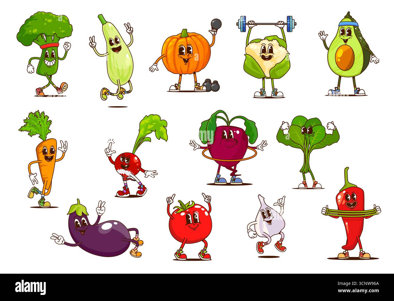 Cartoni animati personaggi vegetali di sport fitness. Broccoli, zucchine, zucca e cavolfiore, avocado, carote, personaggi stravaganti vettoriali di verdure che fanno sport e esercizi di fitness Illustrazione Vettoriale
