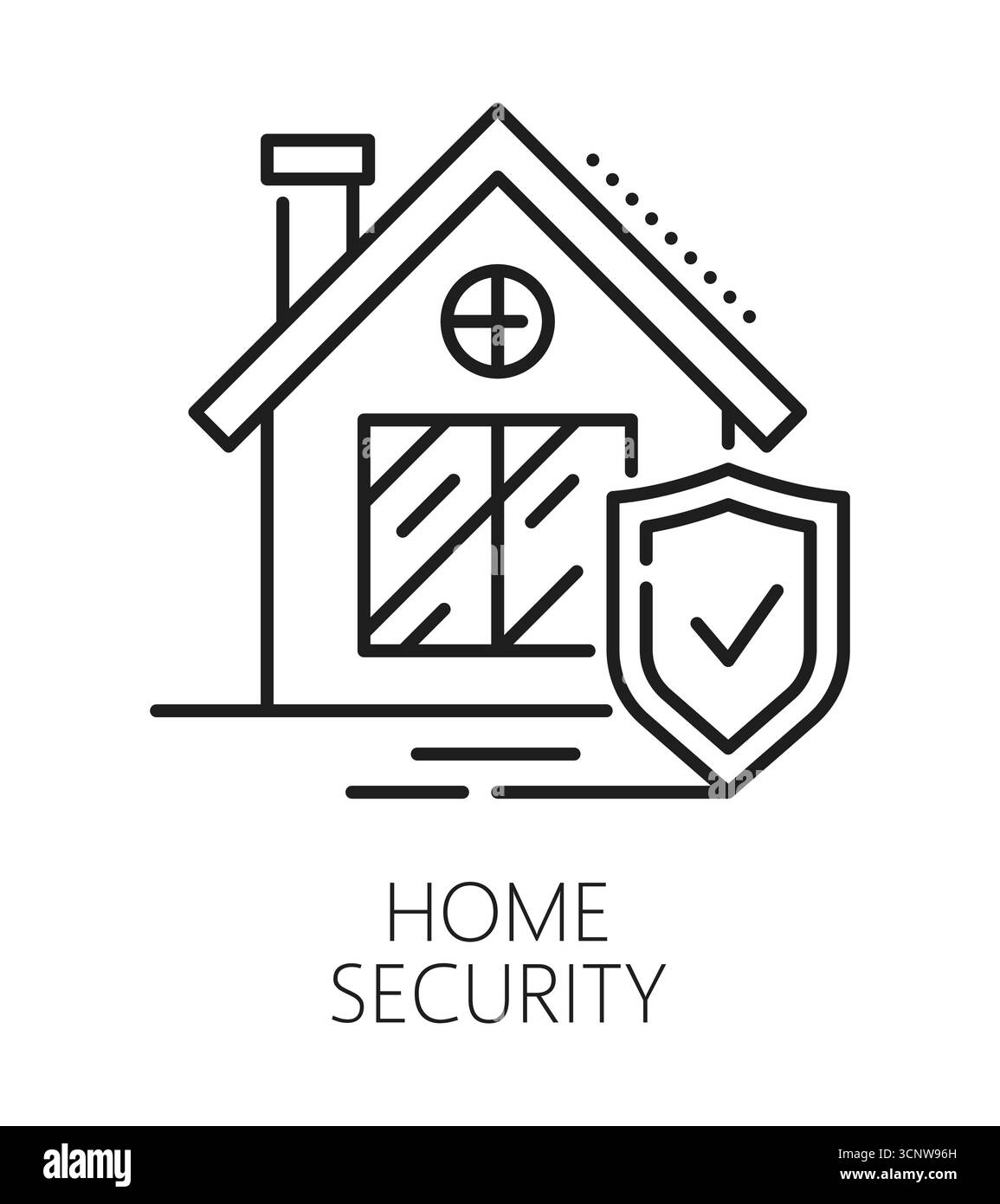 Icona o simbolo della linea di sicurezza e sicurezza domestica. Icona vettoriale del profilo di sicurezza della proprietà, segnale della linea di protezione della casa. Simbolo del servizio di allarme dell'edificio o pittogramma del profilo di sicurezza della casa con casa e scudo Illustrazione Vettoriale