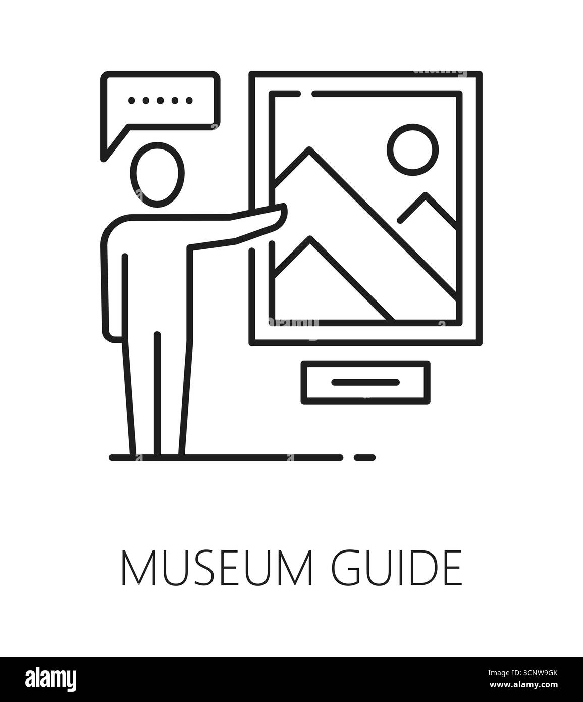 Icona o etichetta della linea guida della galleria espositiva del museo. Mostra di pittura simbolo vettoriale lineart, icona linea galleria. Un pittogramma o un cartello con la guida del museo di belle arti che presenta i dipinti Illustrazione Vettoriale