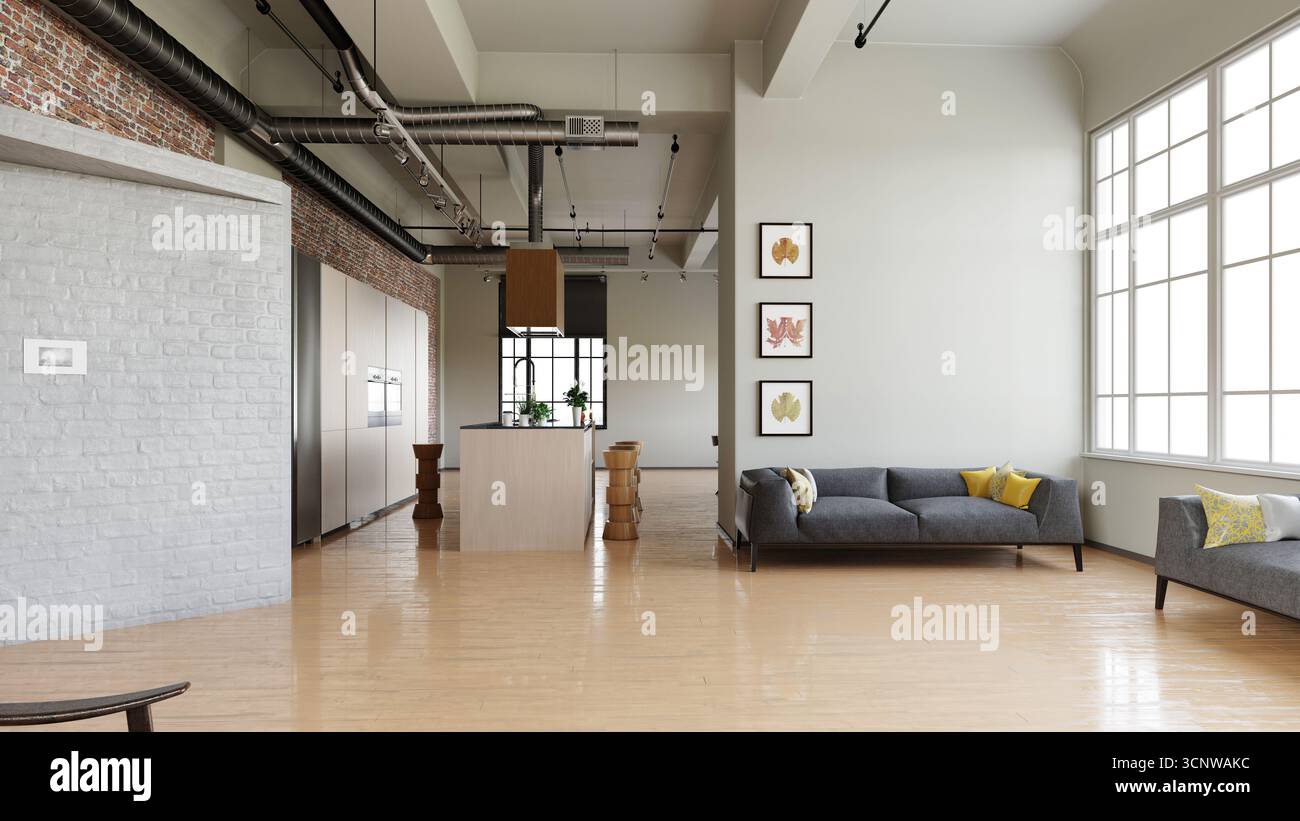 cucina con armadi in mattoni rossi. Plafoniera con luci condotti. Pavimenti in legno duro, pareti in mattoni bianchi. Rendering 3D. Foto Stock