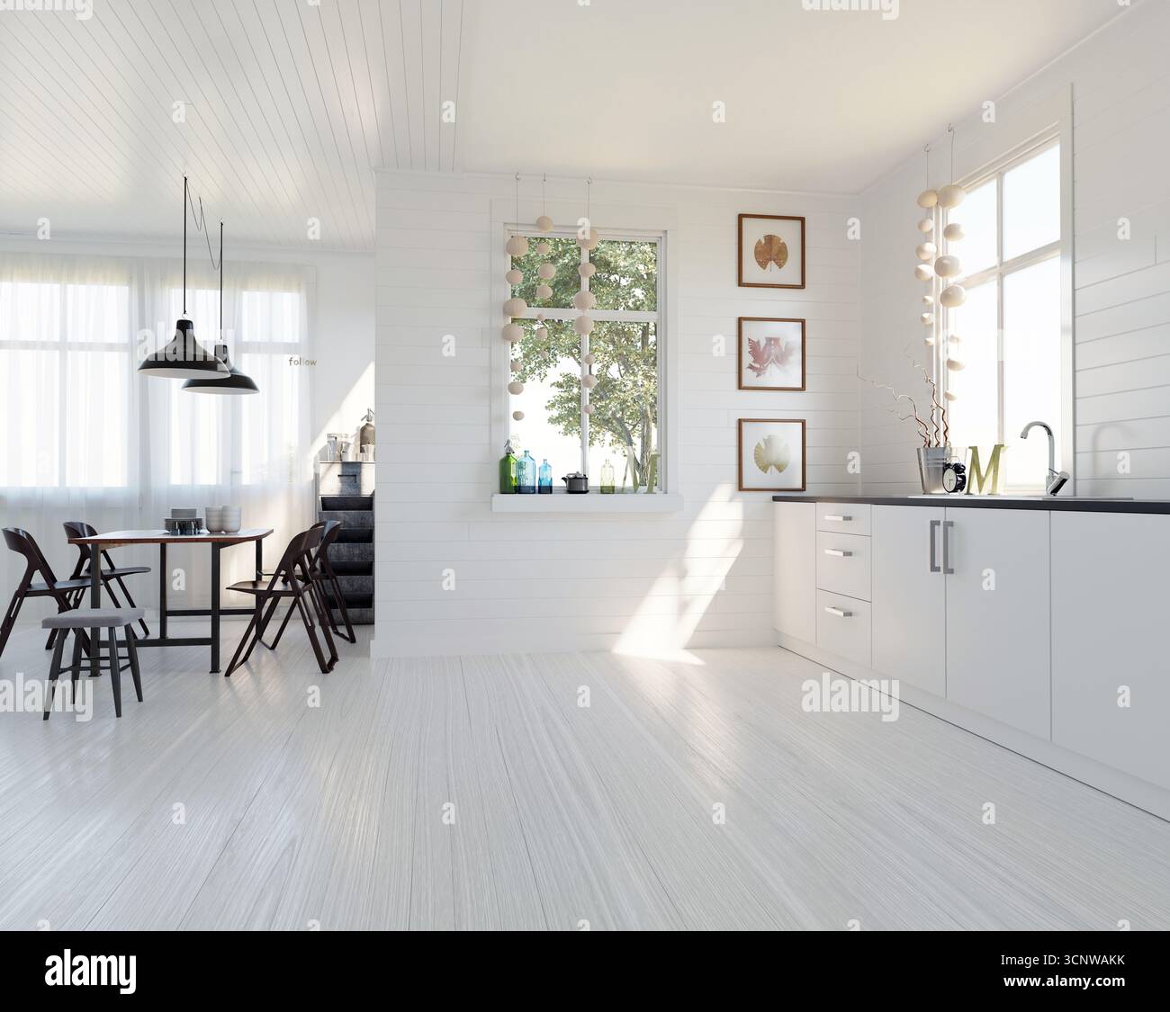 Cucina-sala da pranzo: Pareti in legno, soffitto, pavimenti in legno. Luce finestrini. Lavabo superiore degli armadi. Tavolo con sedie a sospensione. Arredamento: Alberi di bottiglie d'arte. Copia spazio. 3D r Foto Stock