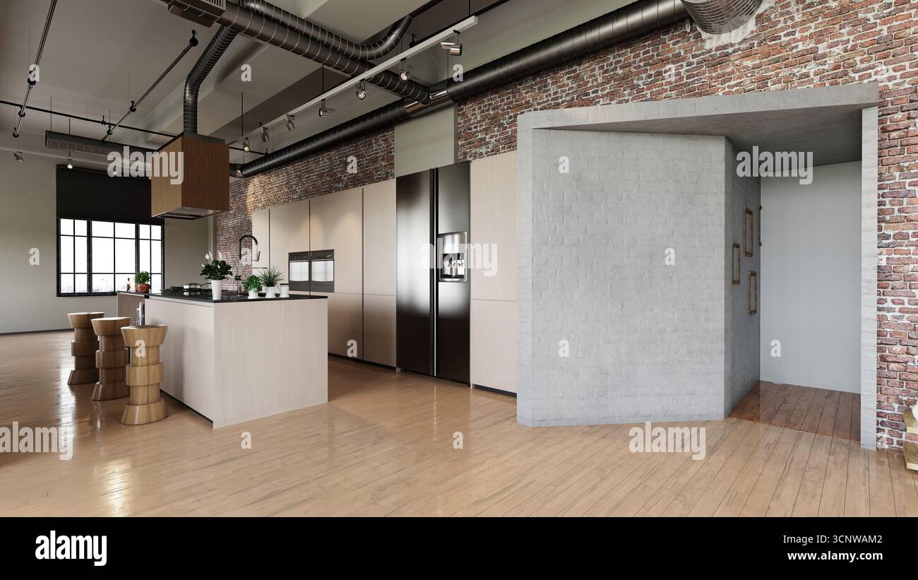 Cucina: Pavimenti in legno, pareti in mattoni, canaline per soffitti, luci. Armadi, frigorifero, forni, isola con piano cottura con lavello. Sgabelli. Finestra città. Industriale - minimo. Foto Stock
