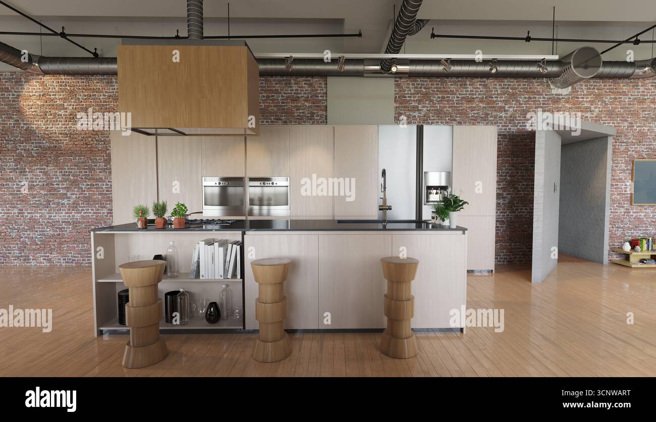 Cucina: Armadi in legno, isola con sgabelli superiori. Elettrodomestici, forni, frigorifero su parete in mattoni. Luci condotti soffitto. Pavimenti in legno. Contemporaneo. Rendering 3D. Foto Stock