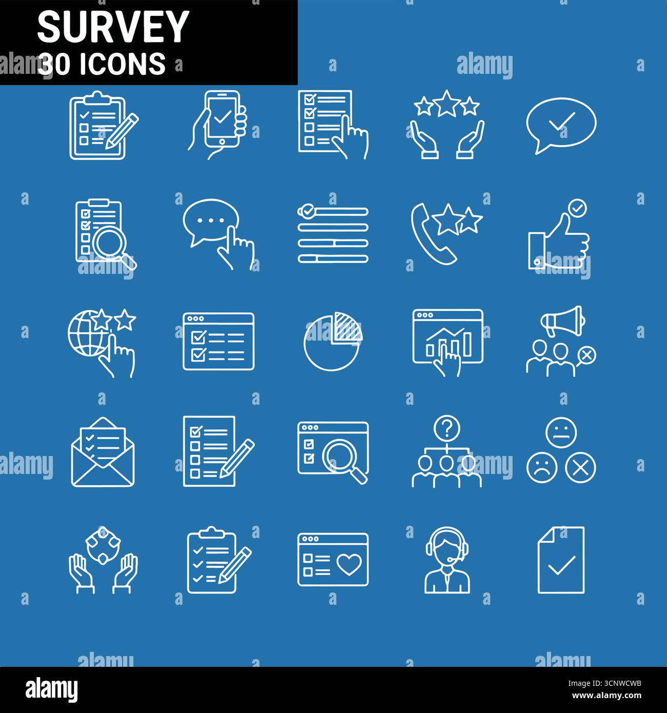 Icona Web topografia impostata in stile linea. Raccolta di feedback icone lineari, tra cui domanda, opinione, soddisfazione, opinione, ricerca, revisione, soddisfacente Illustrazione Vettoriale