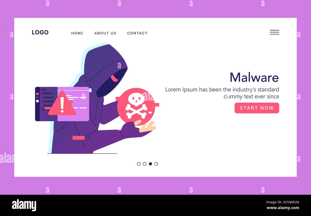 Illustrazione vettoriale di una figura con cappuccio che rilascia malware, simboleggiata da un'icona del cranio e da segnali di avvertimento. Questa immagine mette in evidenza le minacce informatiche, sottolineando i rischi per la sicurezza digitale. Illustrazione Vettoriale