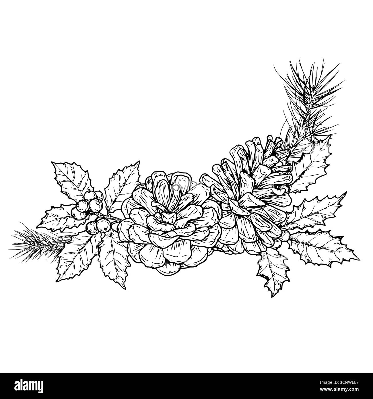 Ghirlanda di coni, rami di agrifoglio e pino, schizzo. Illustrazione vettoriale. Decorazioni tradizionali con rametti natalizi e vischio, isolate sul backgrou Illustrazione Vettoriale