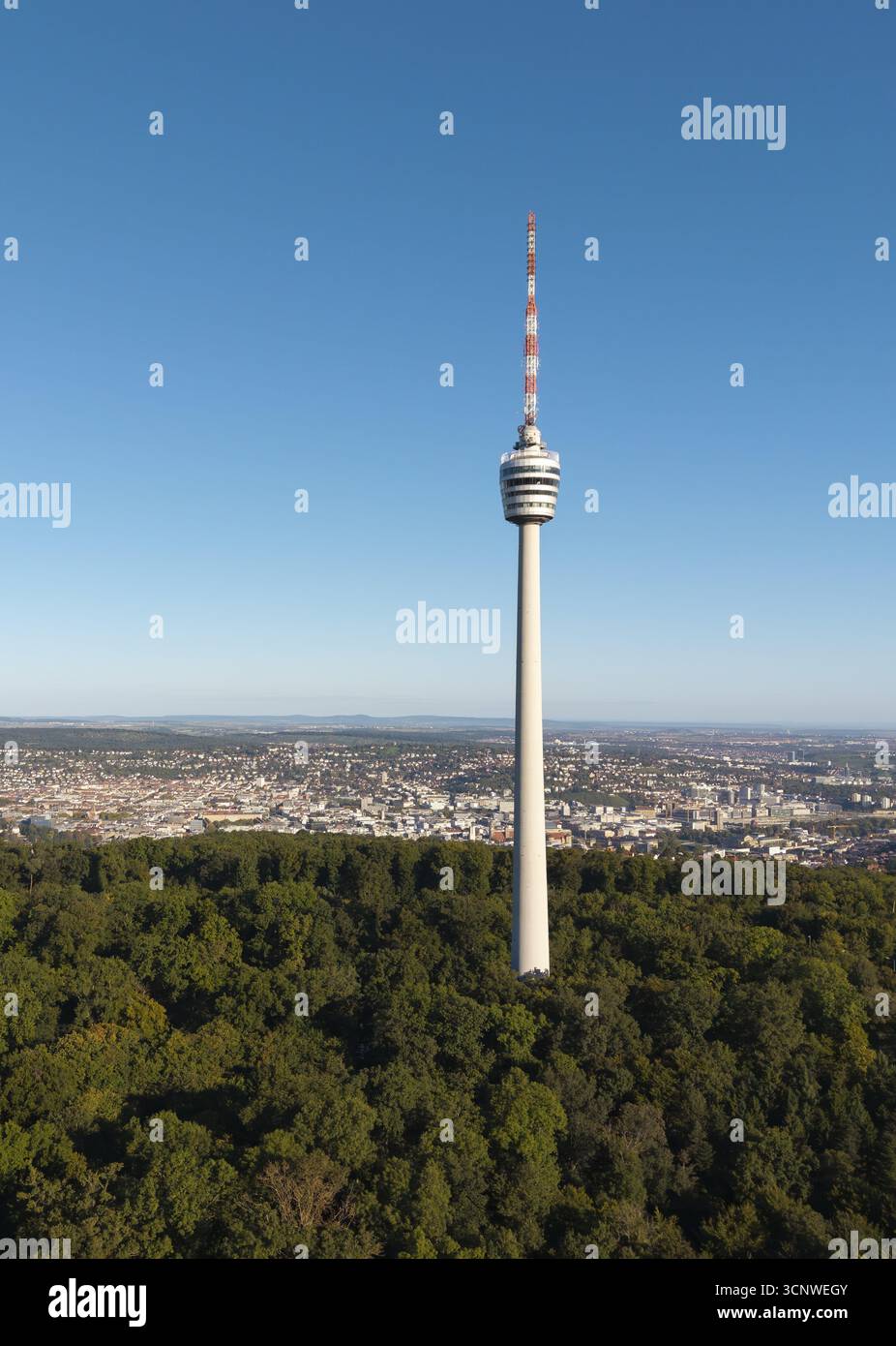 Vista di una torre televisiva sopra una foresta con un paesaggio urbano alle sue spalle, Stoccarda, Baden-Wuerttemberg, Germania Foto Stock