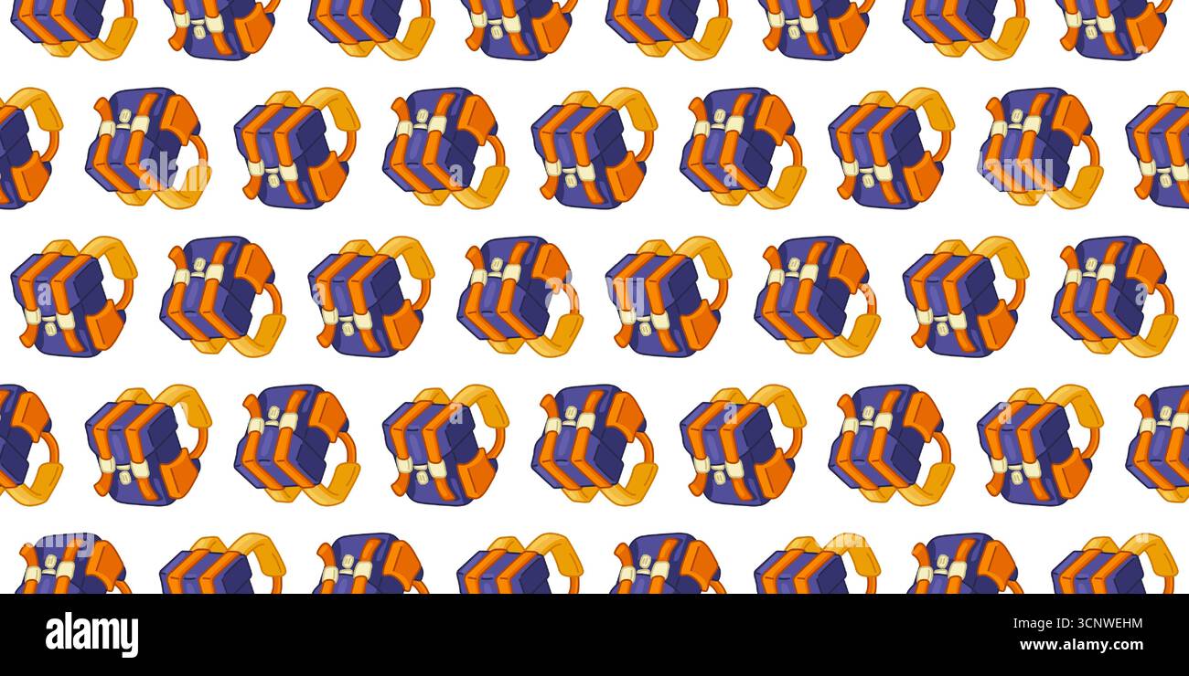 Zaini con motivo a zaino in cartone animato senza cuciture per viaggi scolastici campeggio modello a cartoni animati motivo senza cuciture con borse blu e arancioni isolate sul retro bianco Illustrazione Vettoriale