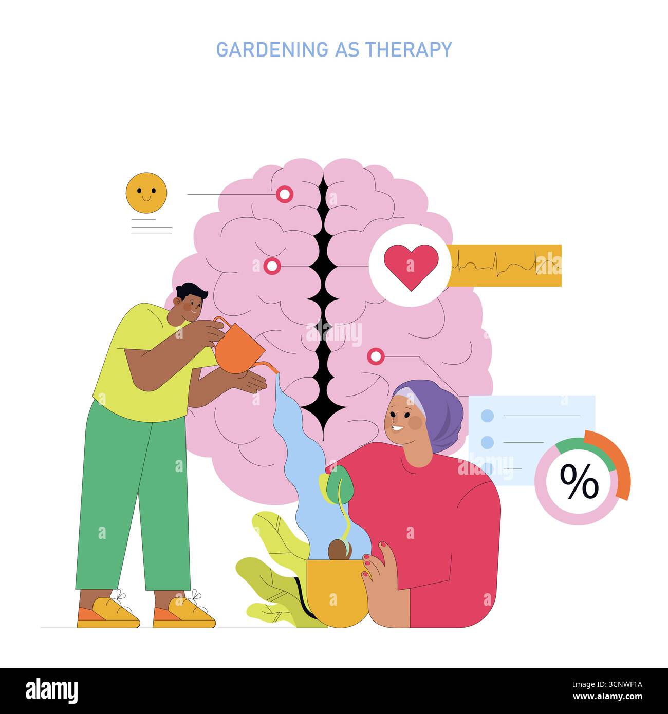 Illustrazione vettoriale che raffigura individui impegnati nel giardinaggio terapeutico. Dimostra i benefici del giardinaggio sulla salute mentale con simboli di felicità e relax. Ideale per promuovere il benessere. Illustrazione Vettoriale