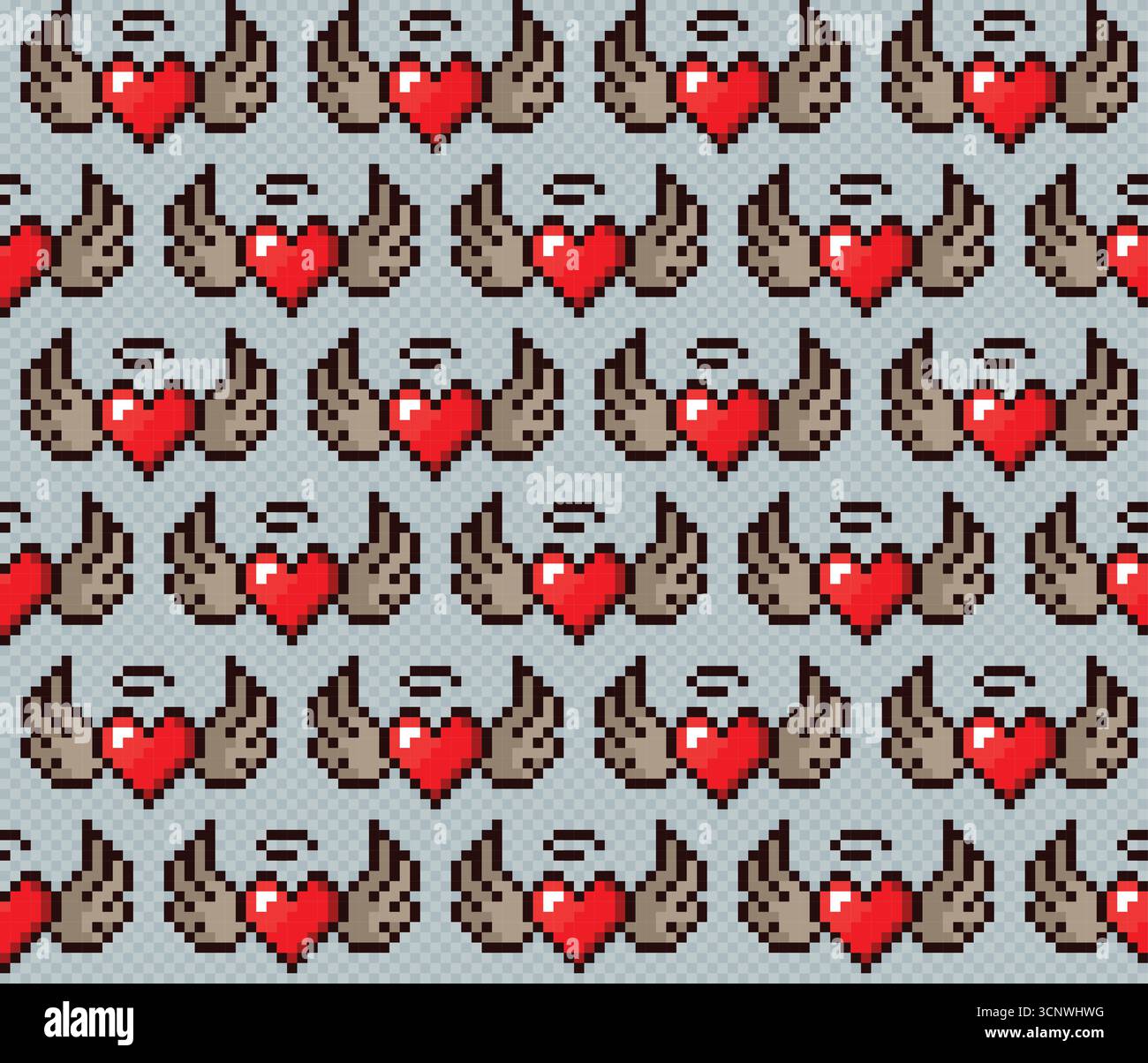 Sfondo pixel fluido con cuori alati. Illustrazione Vettoriale