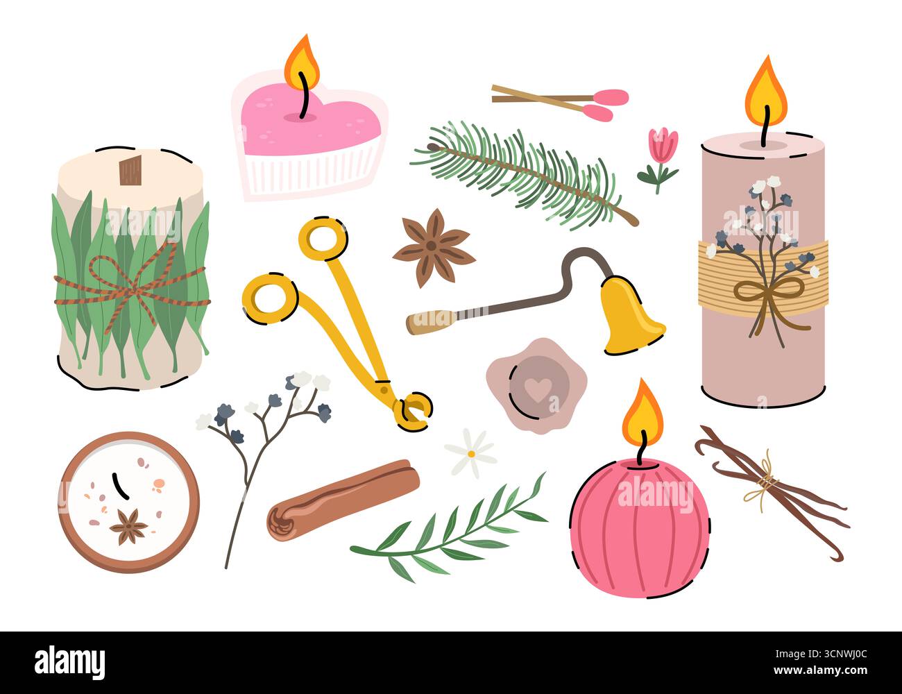 Set di candele decorative a cera di varie dimensioni e forme, accessori per candele, fiori secchi e frutta per aromaterapia e relax. Foto Stock