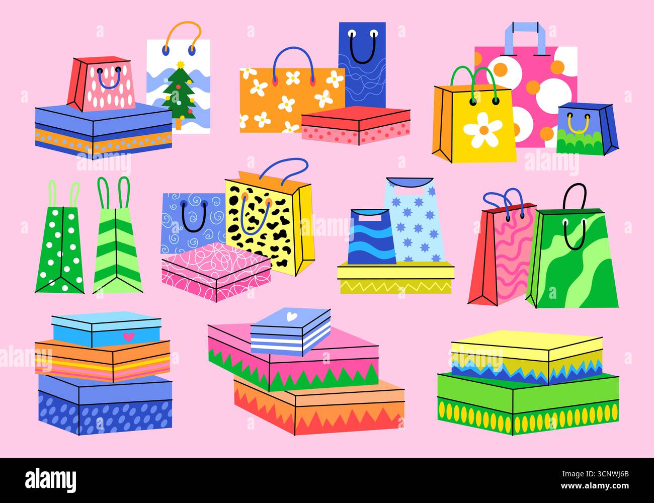 Dettagli sulla confezione di confezioni regalo, borse per la spesa. Sacchetti di carta per le vacanze, scatole decorative, borse per la spesa. Set per gli acquisti natalizi, confezione per le vacanze con motivo Foto Stock