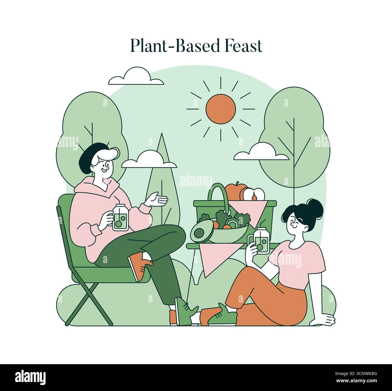 Illustrazione vettoriale che raffigura due persone che fanno un picnic gioioso con una varietà di cibi e bevande a base di piante in un ambiente soleggiato. Sono rilassate e sorridenti, circondate dalla natura. Illustrazione Vettoriale