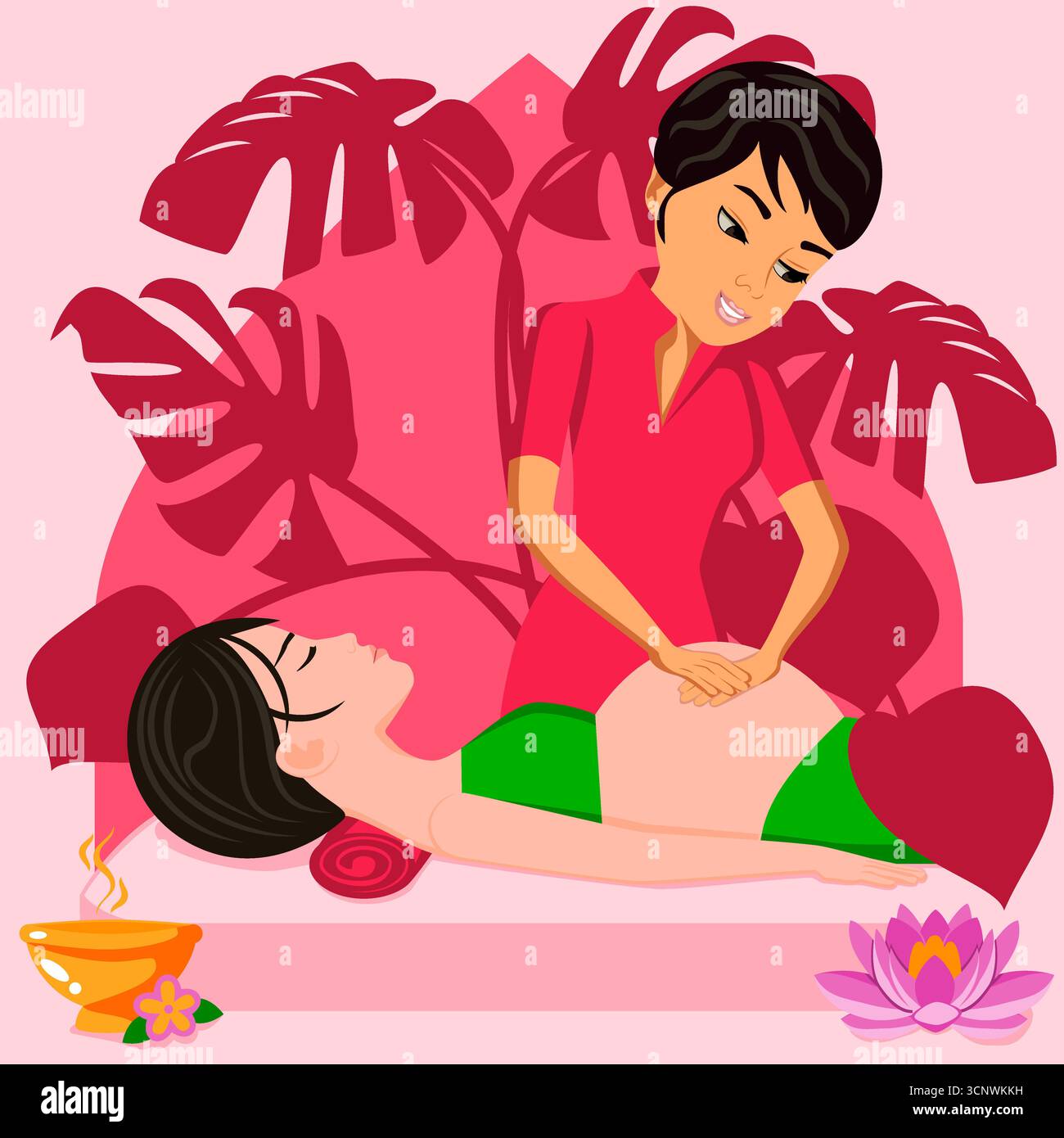 Massaggio per le donne in gravidanza. Terapia e trattamento da parte di terapisti professionisti nella SPA. Illustrazione del vettore piatto isolato. Etnia orientale e asiatica. Illustrazione Vettoriale