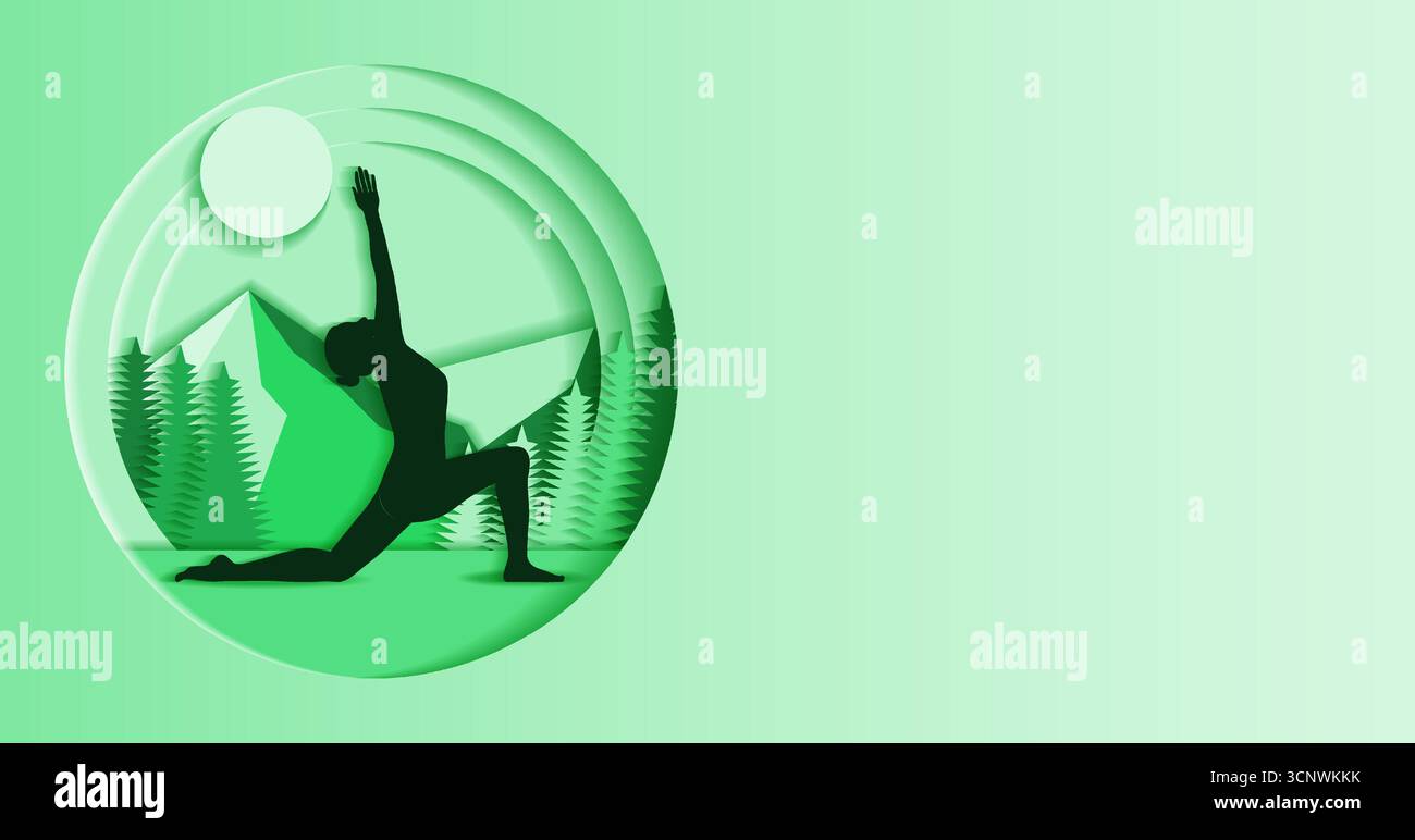 Modello orizzontale. Posa yoga di Anjaneyasana. Affondo a mezzaluna sul ginocchio con una posa per lo sguardo. Design tagliato carta. Illustrazione vettoriale isolata. Illustrazione Vettoriale