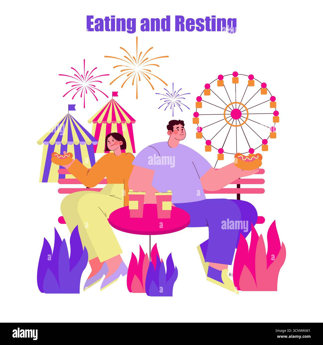 Illustrazione vettoriale di una coppia felice che si gusta uno spuntino su una panchina in un parco divertimenti. I colori vivaci, la ruota panoramica e i fuochi d'artificio creano un'atmosfera festosa. Illustrazione Vettoriale