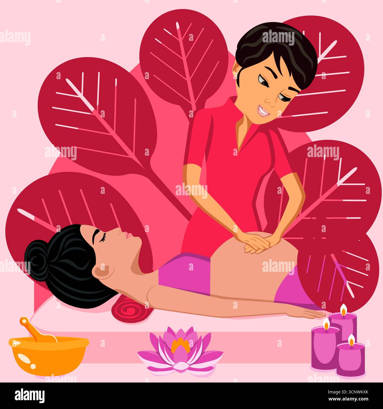 Massaggio per le donne in gravidanza. Terapia e trattamento da parte di terapisti professionisti nella SPA. Illustrazione del vettore piatto isolato. Etnia orientale e indiana. Illustrazione Vettoriale