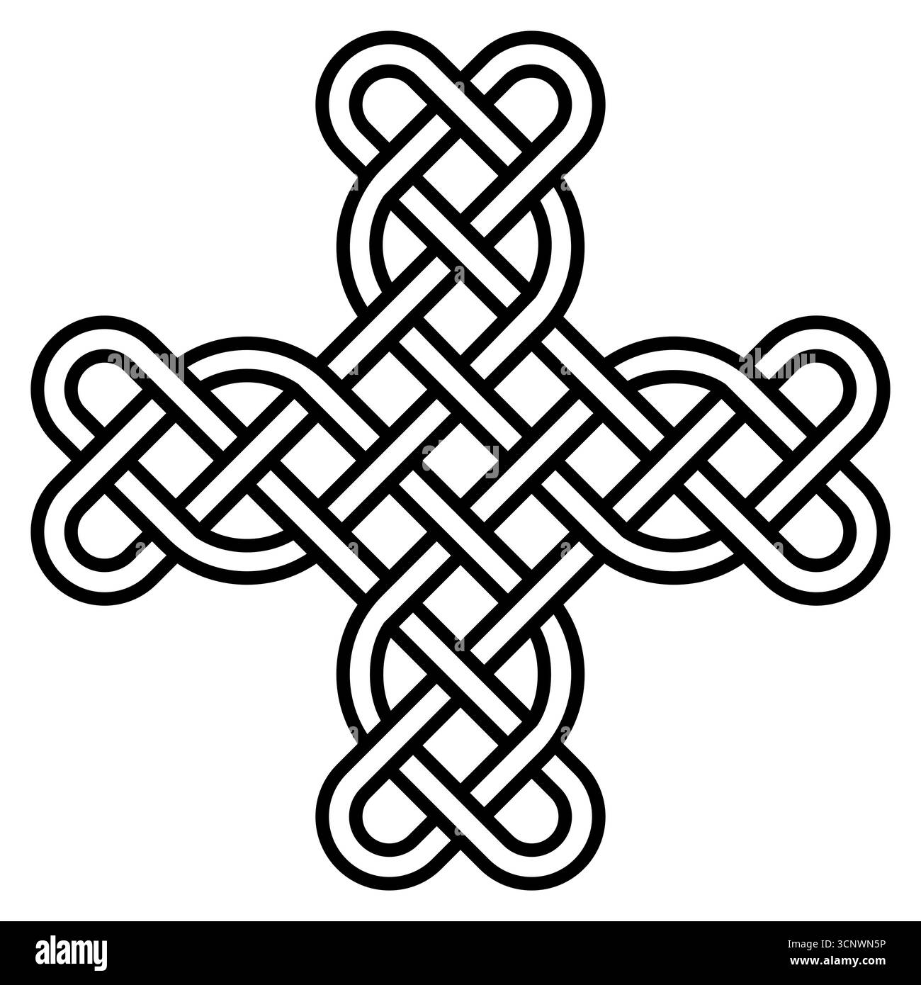 Disegno a croce con nodo celtico, motivo a loop intricato, simbolo nero Illustrazione Vettoriale