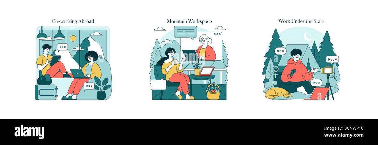 Illustrazione vettoriale che mostra il lavoro remoto in diverse impostazioni. Nomadi digitali che lavorano nello spazio di co-working, nelle montagne e sotto le stelle. Notebook, tablet, conversazioni rappresentate in scene vivaci. Illustrazione Vettoriale
