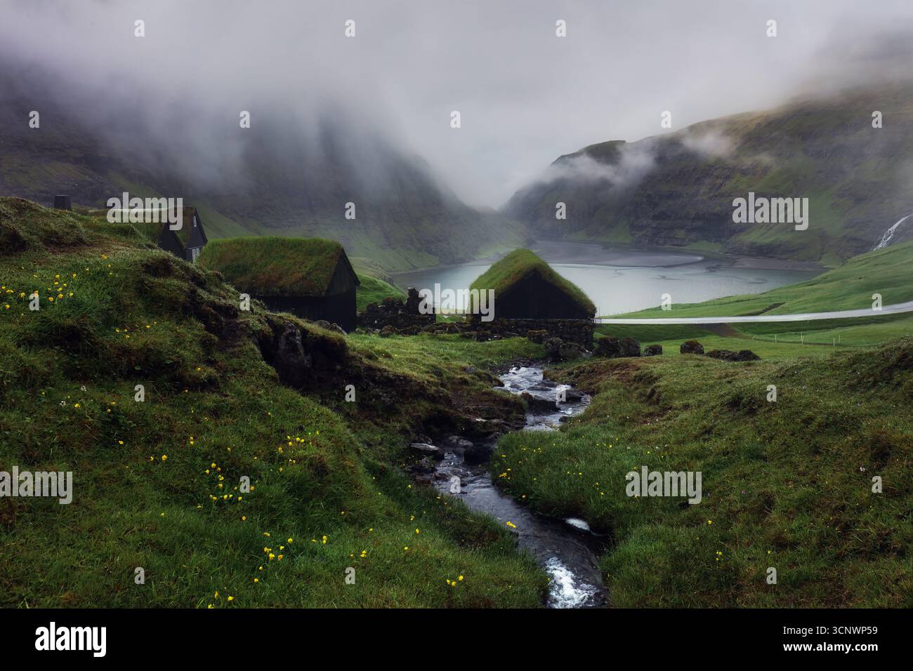 Isole Faroe - case sul tetto in erba nel piccolo villaggio Saksun, atmosfera nuvolosa Foto Stock