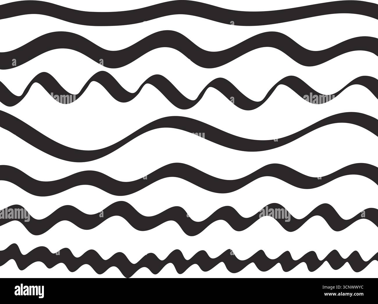 Serie di linee ondulate. Onde di intensità variabile, divisori d'inchiostro. Marcatore disegnato a mano che sottolinea, elementi vettoriali Illustrazione Vettoriale