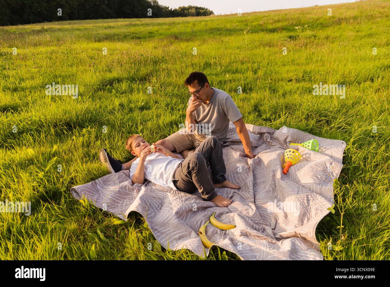 Un padre e il suo giovane figlio si rilassano su una morbida coperta in un lussureggiante campo verde. Condividono un momento di gioia pieno di risate e spuntini su un caldo e soleggiato Foto Stock