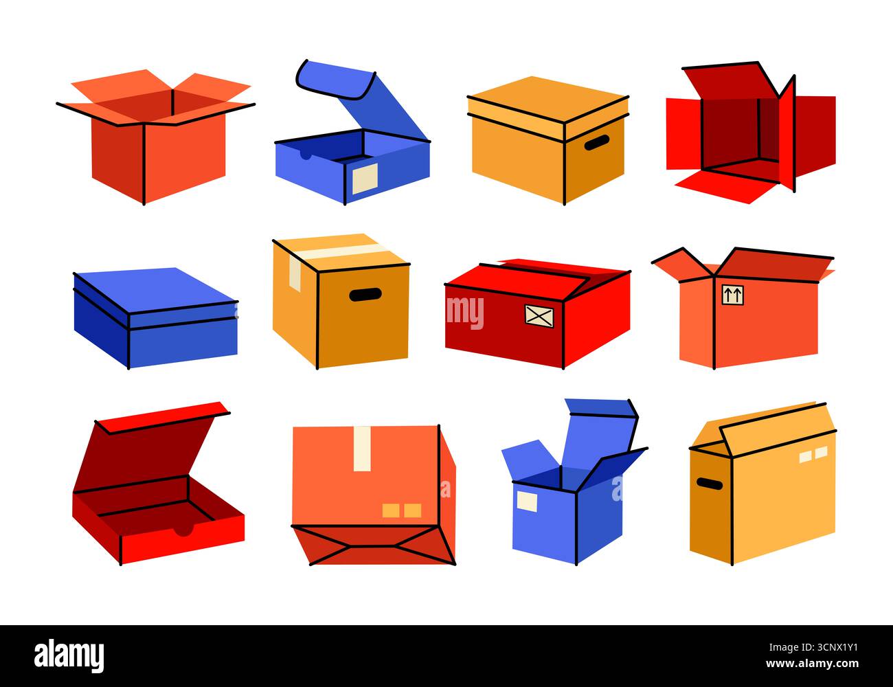 Graziose confezioni regalo e consegna a domicilio in stile cartoni animati piatto. Scatole aperte e chiuse, elementi di spedizione. Illustrazione del set vettoriale di pacchetti di forme diverse. Foto Stock