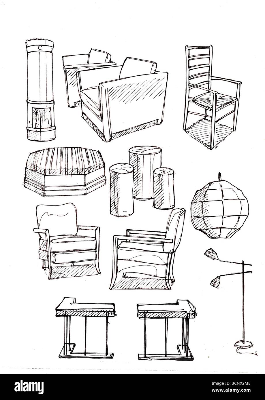 Disegni disegnati a mano in bianco e nero di arredi e decorazioni per interni. Foto Stock