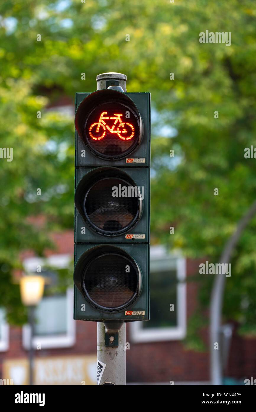 Pedalando a Münster, semafori in bicicletta, semafori esclusivamente per ciclisti, su una pista ciclabile nel centro della città, accanto a una strada per auto, Nort Foto Stock