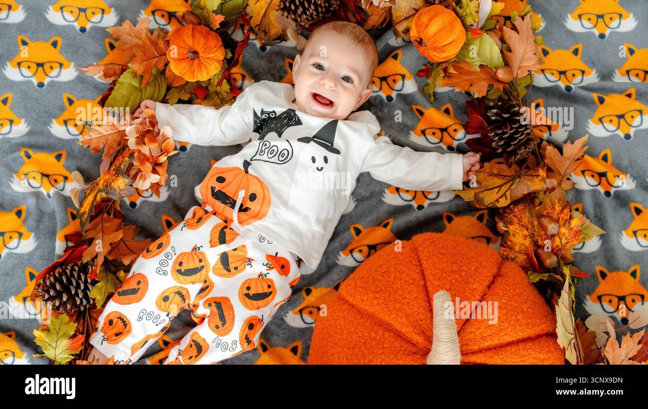 La vista dall'alto di un bambino di 4 mesi giace su una coperta grigia a tema volpe e indossa un vestito di Halloween con le zucche. Circondato da foglie autunnali e pini Foto Stock