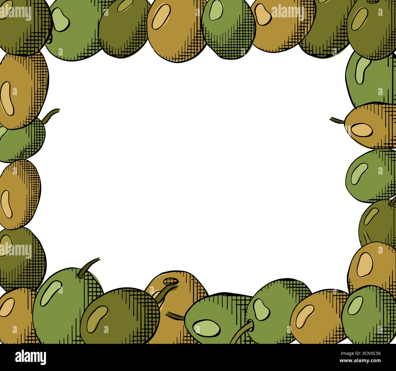 Modello rettangolare a bacca di oliva. Illustrazione colorata con inchiostro a linee grafiche vettoriali. Design botanico mediterraneo per pacchetto Banner, poster, wrapping pape Illustrazione Vettoriale