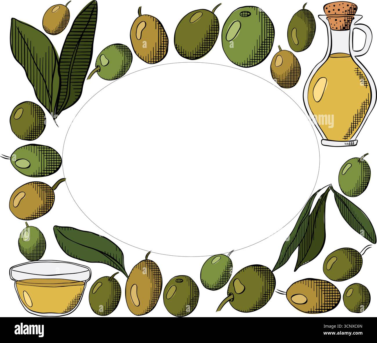 Modello rettangolare ovale per cornice con olio d'oliva, bacca verde e foglie. Illustrazione colorata con inchiostro a linee grafiche vettoriali. Striscioni, poster, carta da imballaggio, adesivo Illustrazione Vettoriale
