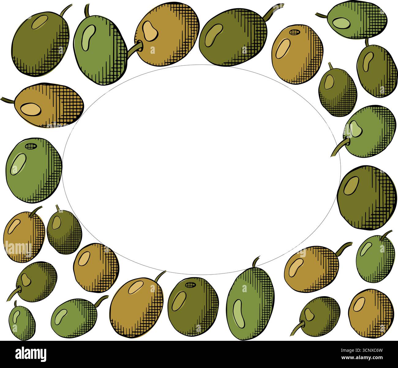 Modello cornice rettangolare ovale con frutti di oliva. Illustrazione colorata con inchiostro a linee grafiche vettoriali. Da utilizzare per pacchetti cosmetici, negozi, negozi, prodotti, salone di bellezza, w Illustrazione Vettoriale