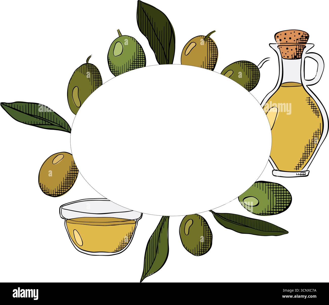 Olio d'oliva, bacca verde e foglie modello ovale. Illustrazione colorata con inchiostro a linee grafiche vettoriali. Foglie e frutti di bosco con cornice rotonda. Oliva extra vergine Illustrazione Vettoriale