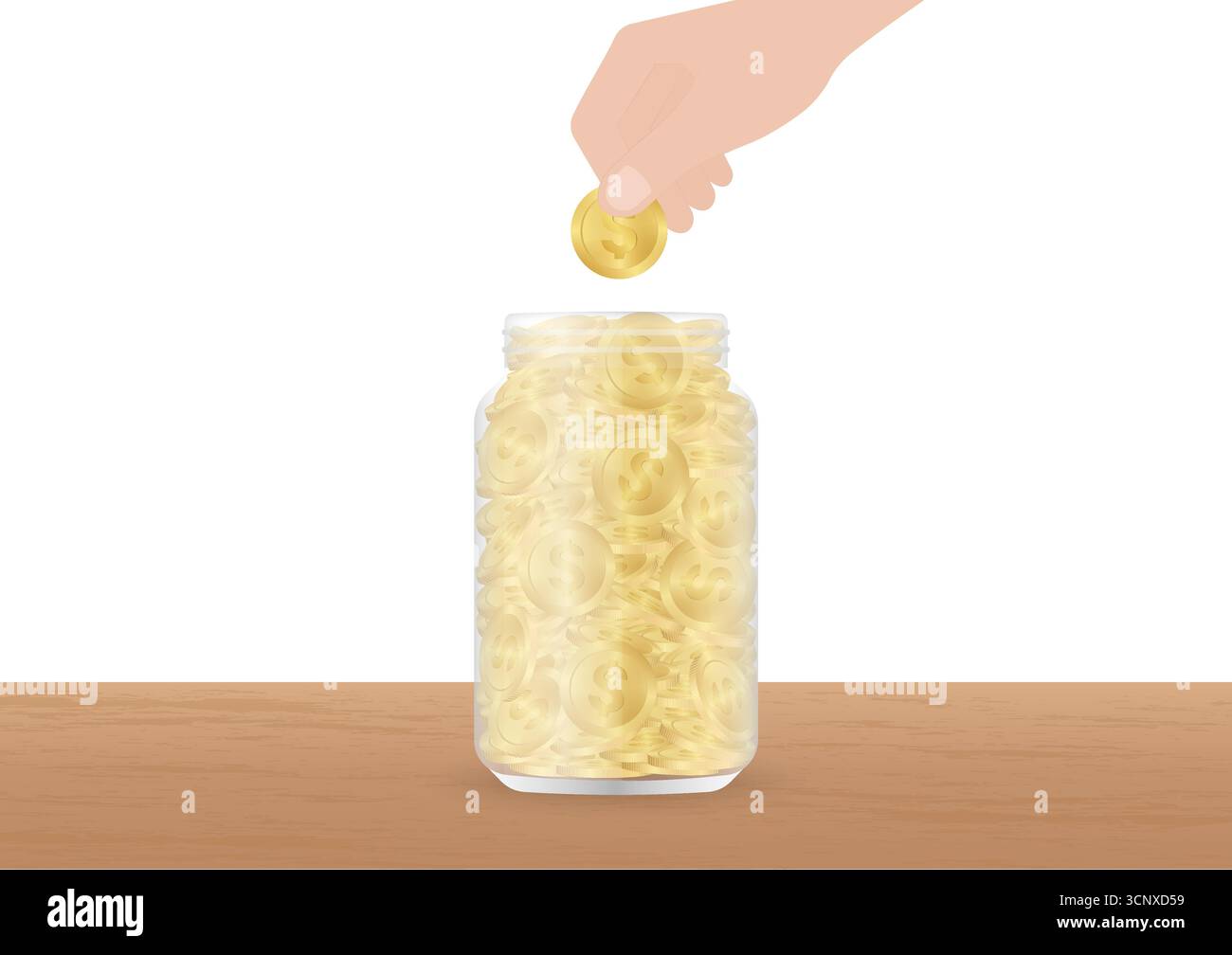 Mano a mettere la moneta nel vaso dei soldi. Vaso di vetro con monete. Concetto di crescita del denaro, risparmio e investimenti. Illustrazione Vettoriale