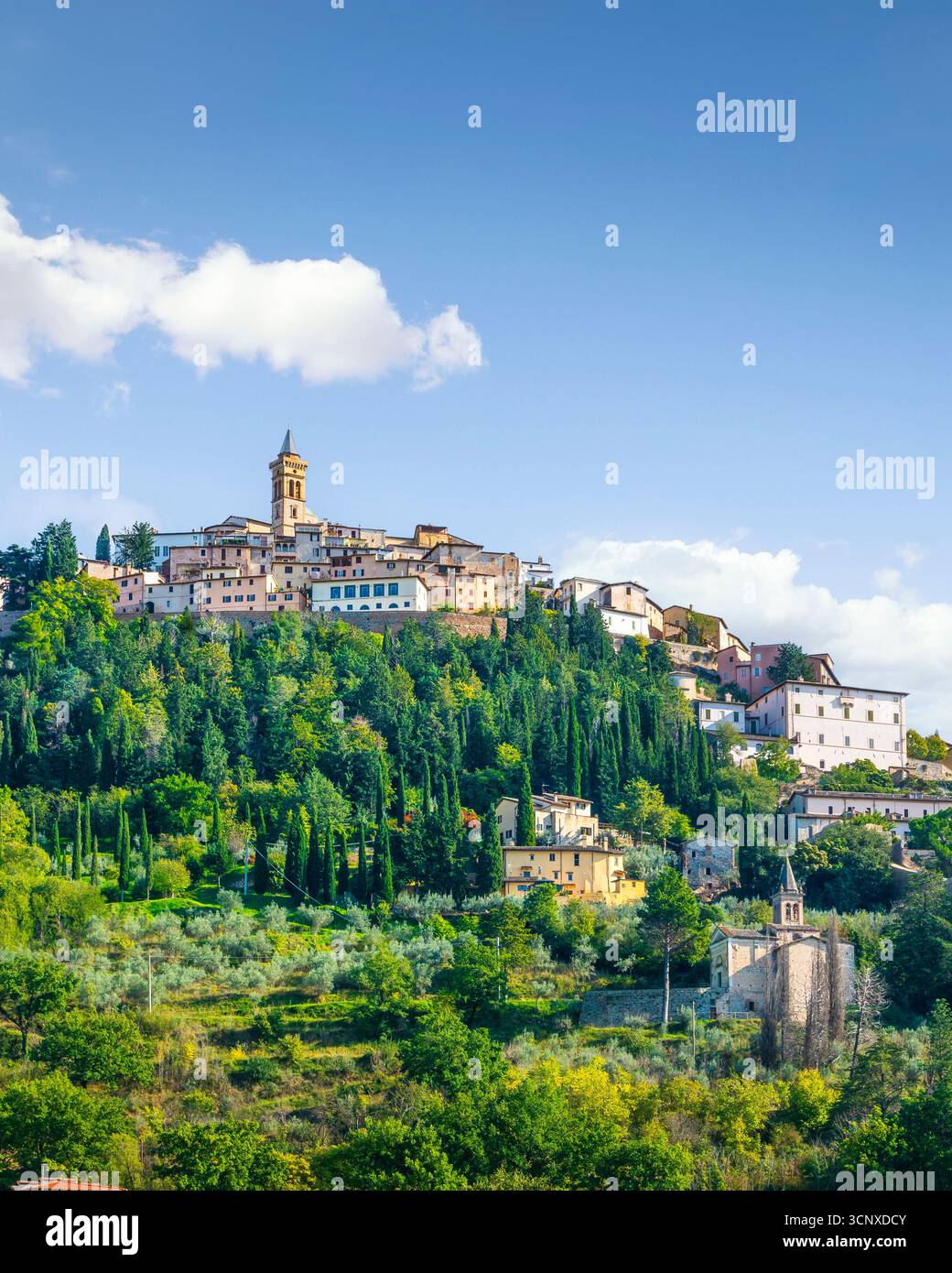 Storico villaggio di Trevi arroccato su una collina circondato da oliveti e cipressi in provincia di Perugia, Umbria, Italia Foto Stock