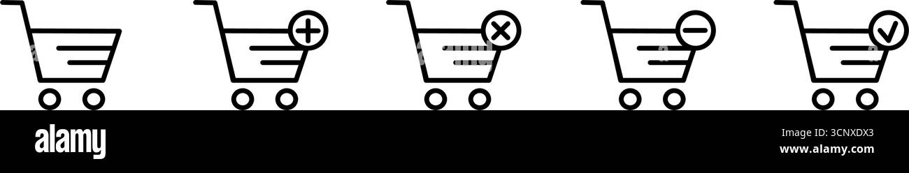 Carrelli con segni più, meno, assegno ed eliminazione - icona vettoriale Illustrazione Vettoriale